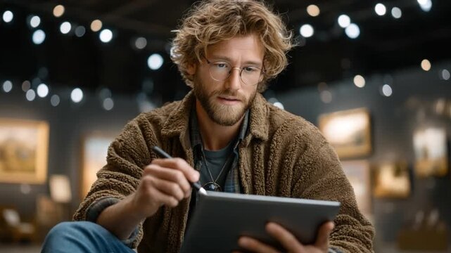 Handsome young artist uses a tablet to finalize a digital design project