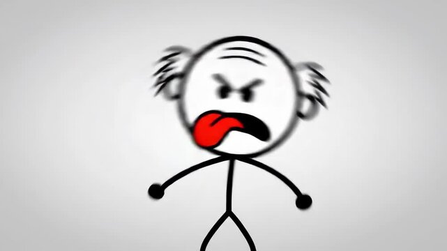 angry elderly man stick figure showing red tongue. rude cartoon person grimacing with disgust. funny hand drawn sketch. humorous design element, presentation, meme.