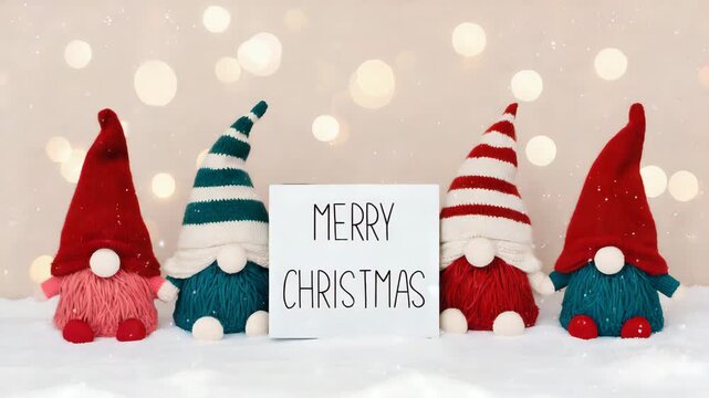 Four christmas gnomes holding a merry christmas sign in snow with bokeh lights background