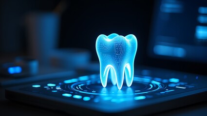 Futuristic dental technology concept featuring glowing digital tooth visualization, showcasing advanced dentistry, medical innovation, patient care, diagnostics, education, and modern clinical.