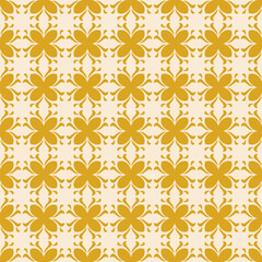 Fototapeta premium Abstract vector geometric floral ornament. Simple seamless pattern with flowers, leaves, foliage, grid. Background in old-fashioned retro style. Yellow and beige colour texture. Repeated design