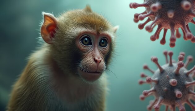 Young monkey looks at virus particles. Primate animal near microscopic virus, disease concept. Danger virus transmission from animals to humans.