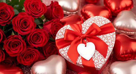 Valentines day gift box with red roses and heart shaped chocolates