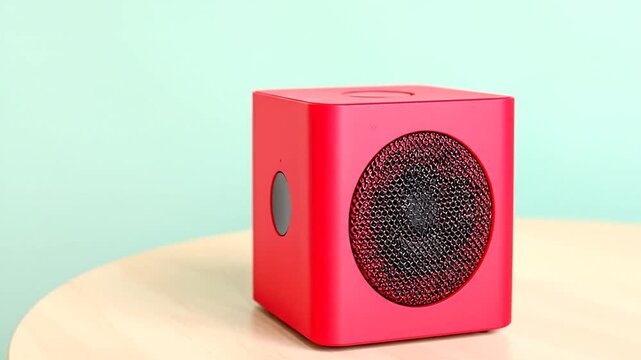 A vibrant red, cube-shaped audio device with a mesh speaker. It sits on a wooden surface against a backdrop