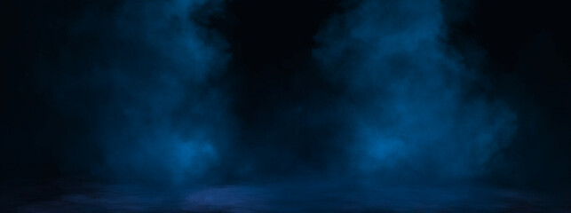 Dark night scene over water, fog over dark ocean water, dark surface, neon light, reflections on the water. Fantasy night water scene.