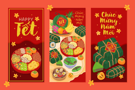 Design of festive red money envelopes for Vietnamese Lunar New Year (Tet). Traditional sticky rice cakes, candy box, inscription in Vietnamese Сh&uacute;c Mừng Năm Mới (Happy New Year)
