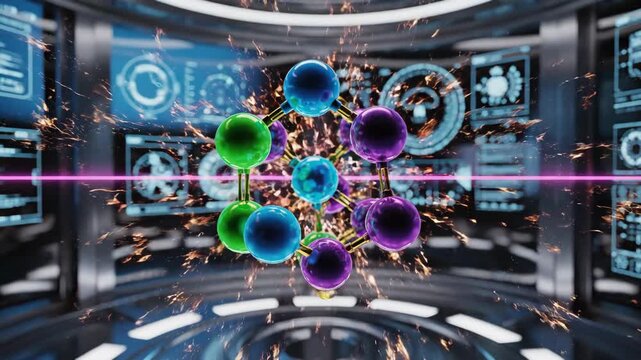 Advanced Quantum Computing and Molecular Structure Analysis in a Futuristic Laboratory.