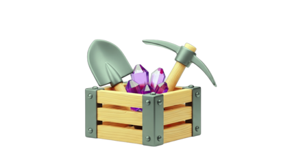 Mining Tools and Crystals in a Wooden Crate