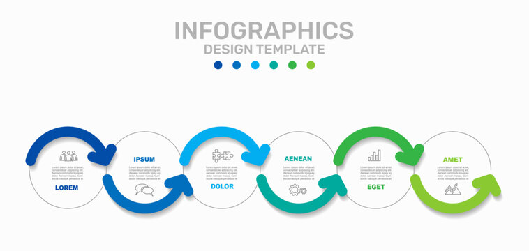 Curved arrow infographic timeline with segments and icons, for process visualization, business presentations. Vector illustration.