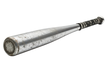 Scratched and worn metal baseball bat with black grip tape on a transparent background