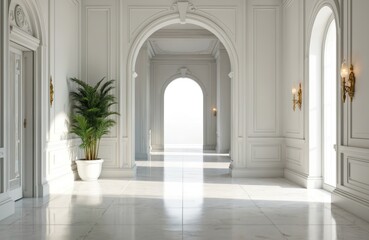 Fototapeta premium Bright white luxury hallway with marble floor. Arched doorways, ornate wall panels create sophisticated, elegant atmosphere. Green plant adds touch of nature to serene interior space. Sunlight
