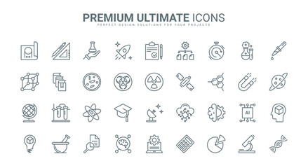 Science research technology thin line icons set vector illustration. Outline scientific laboratory equipment symbols, knowledge and study of chemistry, physics and biology in university, data analysis