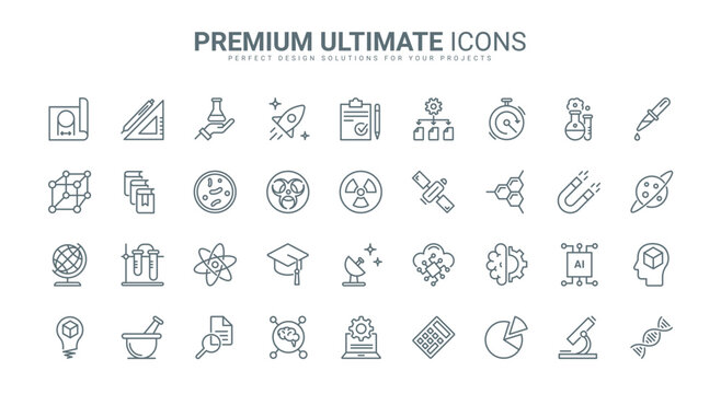 Science research technology thin line icons set vector illustration. Outline scientific laboratory equipment symbols, knowledge and study of chemistry, physics and biology in university, data analysis