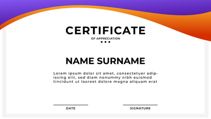 Obraz premium BUSINESS CERTIFICATE OF APPRECIATION BACKGROUND WITH HANDDRAWN ORGANIC SHAPES GRADIENT PURPLE ORANGE COLORFUL TEMPLATE DESIGN VECTOR 
