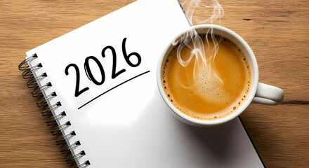 New year 2026 written in a notebook with a cup of coffee on a wooden table