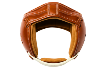 Vintage brown leather sports helmet with white chin strap padding on a transparent background