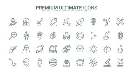 Space discovery, spaceship and futuristic station thin line icons set vector illustration. Abstract outline rocket and planets of solar system and galaxy, astronaut and alien, satellite and asteroid © lembergvector