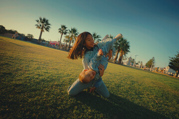 A joyful child happily playing energetically in a beautiful sunny park setting