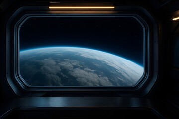 Naklejka premium View of Earth horizon from futuristic spacecraft window in deep space