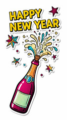 Vibrant pop art illustration of a champagne bottle popping with 'Happy New Year' text and festive stars, celebrating a new beginning.