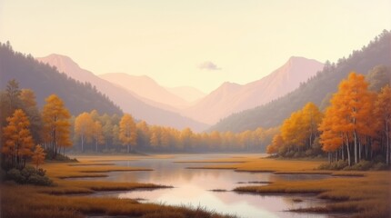 A tranquil autumn landscape with golden foliage reflecting on a peaceful mountain lake