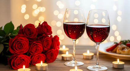 Romantic dinner setup with wine glasses and red roses on a table