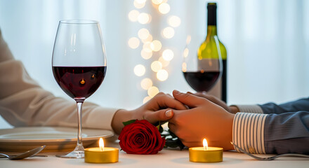 Couple holding hands over a romantic candlelit dinner table with wine