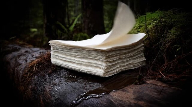 A stack of paper resting on a tree trunk in a verdant forest, with a flipped sheet