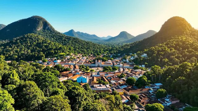 Aerial View of Paraty Brazil, Historical City Nestled Among Lush Mountains