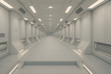 Obraz premium Long space station hallway with clean white walls and strong perspective depth