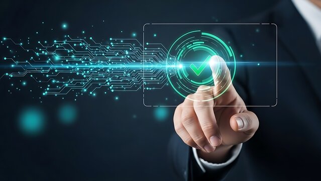 Businessman Touching Futuristic Digital Interface with Glowing Checkmark Symbol. - Powered by Adobe