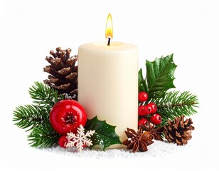 Candle Surrounded by Holiday Decorations With Pinecones and Berries in Winter Setting
