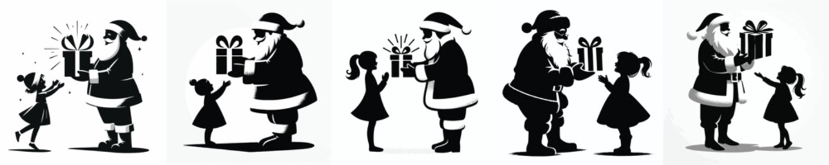 Vector silhouette of Santa Claus sharing Christmas gifts to little girl
