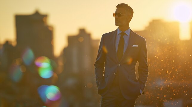 Mature businessman in tailored navy suit standing confidently at golden hour with city skyscrapers and bokeh lights in background