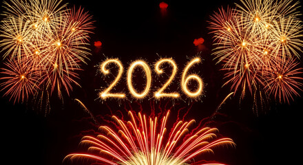 Fireworks exploding in the night sky with 2026 written in glowing letters