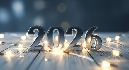 Shiny 2026 metallic numbers with lights on wooden surface for new year celebration