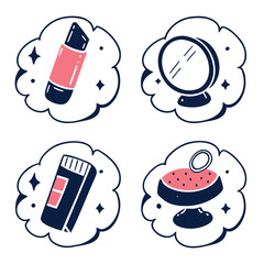 Hand Drawn Beauty and Cosmetic Vector Icon Set with Lipstick Mirror and Makeup Tool