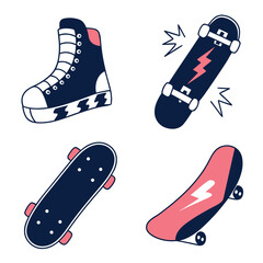 Hand Drawn Skateboard and Street Style Vector Icon Set with Sneaker and Board Deck
