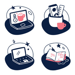 Hand Drawn Study and Workspace Vector Icon Set with Laptop Book and Stationery