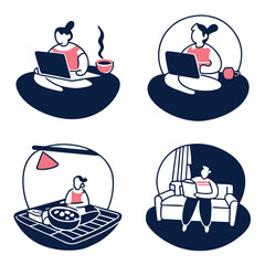 Hand Drawn Daily Life and Routine Vector Illustration Set with Working Reading and Eating