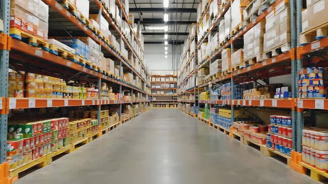 Perspective view down a long aisle in a large warehouse or distribution center with tall shelving units stacked with pallets and boxes