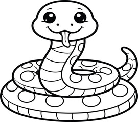 Fototapeta premium This delightful black-and-white illustration features a cute cartoon snake with a friendly expression and playful tongue. Ideal for coloring activities, this design encourages creativity and imaginati