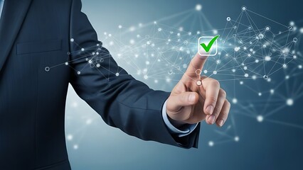 Businessmans Finger Tapping on a Digital Check Mark Icon in a Network Grid.