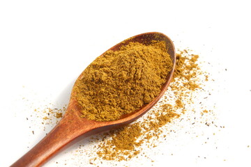 A wooden spoon with brown seasoning lies on a white background.