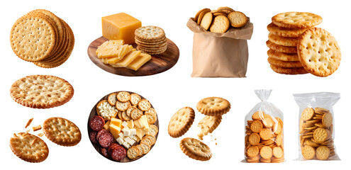 Set of flat baked thin round crackers, crispy biscuit snack staple food, takeaway paper plastic bag package, wooden charcuterie board, stack pile broken, transparent cutout PNG. Many different Mockup