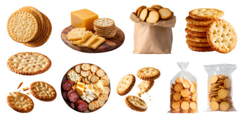 Set of flat baked thin round crackers, crispy biscuit snack staple food, takeaway paper plastic bag package, wooden charcuterie board, stack pile broken, transparent cutout PNG. Many different Mockup