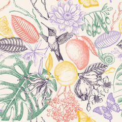 Tropical flowers pattern. Summer fruits, palm leaves hand drawn vector illustration. Exotic birds seamless background. Not AI generated 