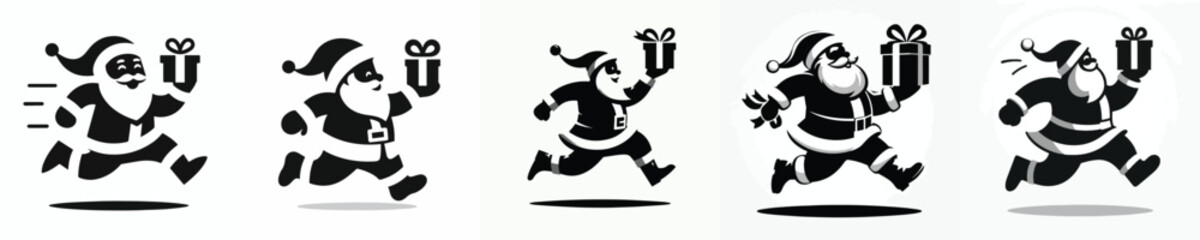 vector silhouette of santa claus running carrying gifts