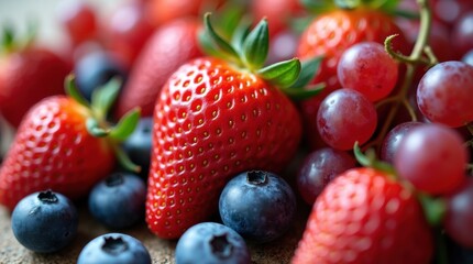Obraz premium A close-up shot of fresh strawberries, blueberries, and red grapes in a cluster