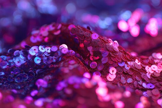 Close-up of shimmering fabric with purple, pink, & blue sequins